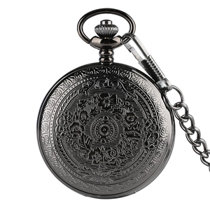 Detailed close-up of vintage black quartz pocket watch with floral embossed cover design