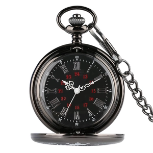 Classic black vintage pocket watch with Roman numerals and matching chain necklace