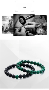 Detail view of matte black onyx and green malachite beads on natural stone bracelets