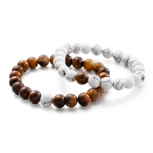 Tiger Eye Stone White Turquoise Beaded Bracelet Round Gemstone Elastic Retro Jewelry Unisex