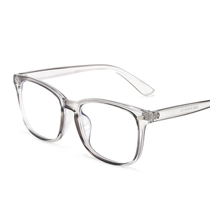 Clear full-frame blue light blocking glasses with metal hinges and transparent resin frame