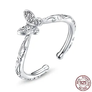 S925 sterling silver bow ring with hollow butterfly wings and vintage engraved patterns