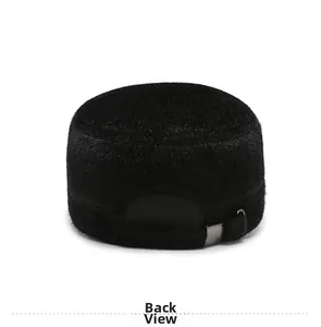 Back view of plush faux fur flat top hat with metal adjustment buckle for men