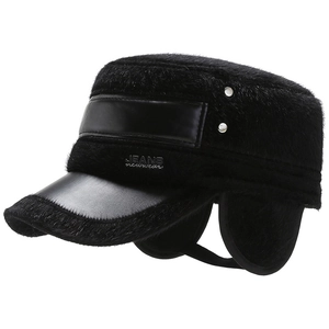 Winter faux mink fur flat top hat for men featuring ear flaps and leather brim accents