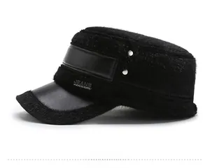 Detail view of winter faux mink fur military cap featuring side metal rivets and label