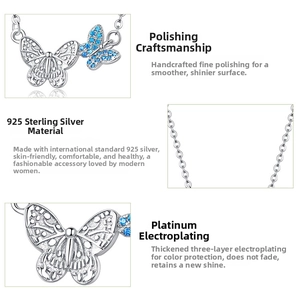 Detail of s925 silver bow necklace with blue zircon and delicate hollow craftsmanship