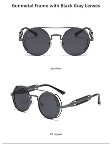 Steampunk sunglasses detail showing gunmetal frame and grey lenses in two views