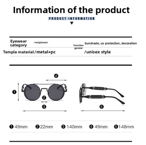 Detailed size chart of steampunk metal sunglasses showing lens height and frame dimensions