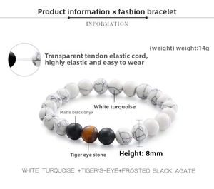 Detail eines 8mm Armbands aus mattem schwarzen Achat, weißem Türkis und Tigerauge Stein