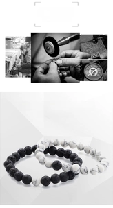 Detail of 8mm black lava rock and white turquoise beaded bracelets for couples