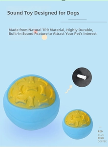 Detail of durable sky blue dog squeaky ball toy made of natural TPR rubber material