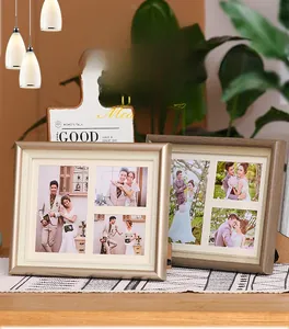 Close-up of Nordic style multi-photo frame with champagne gold and walnut wood textures