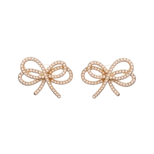 Alloy Bowknot Stud Earrings With Faux Artificial Pearls And Rhinestones Simple Elegant Korean Style Fashion Jewelry For Women