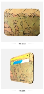 Detail view of ultra-thin credit card holder with vintage world map print and multiple slots