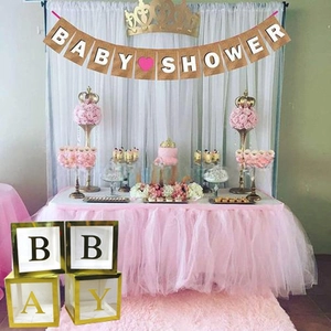 Baby shower party decoration set with gold rimmed letter boxes and rustic burlap banner