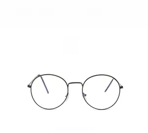 Detailed front view of round black metal eyeglasses frame with blue light blocking lenses