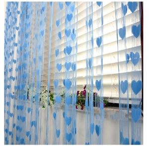 Blue heart string curtain room divider detail showing polyester fringe and heart shape charms