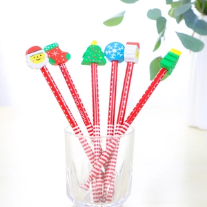 Set of 6 Christmas HB pencils with holiday erasers in a glass cup, festive red patterns