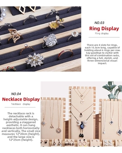 Macro shot of 4-slot wooden ring tray and vertical necklace display boards with beige lining