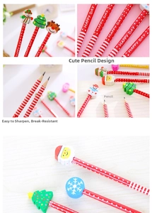 Detail of Christmas HB pencils with festive cartoon erasers and red polka dot pattern