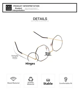 Detail view of metallic geometric glasses frame with nose pads and precision hinges