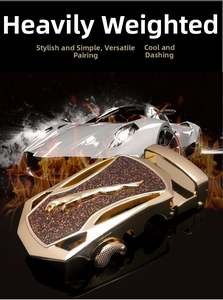 Golden alloy automatic belt buckle featuring a luxury gold jaguar emblem on brown inlay
