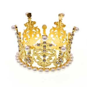 Golden round alloy crown with high-gloss pearls and sparkling rhinestones for kids