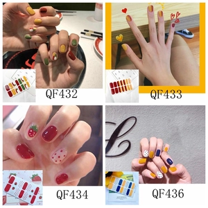 Collage of 3D waterproof nail stickers featuring strawberry dots and geometric patterns