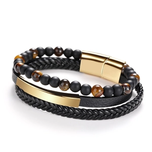 Men's multilayered black leather bracelet with 6mm tiger eye beads and gold metal clasp