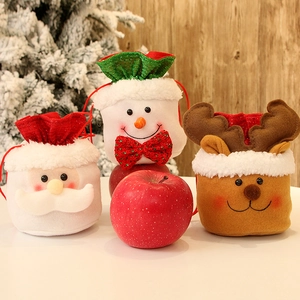 Christmas Candy Gift Bags Plush Faux Fur Drawstring Pouch Santa Claus Snowman Reindeer Holiday Party Tree Decorations
