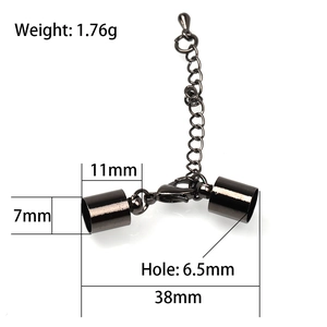 Technical dimensions of 6.5mm inner diameter gunmetal cylinder end caps with lobster clasp