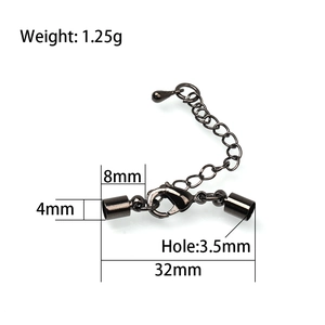 Detailed dimensions of gunmetal lobster clasp set with cord ends and extender chain