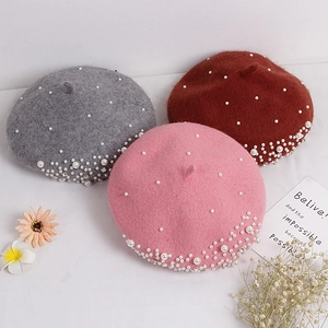 Elegant kids wool beret hats with pearls and rhinestones in grey, burgundy, and pink colors