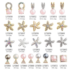 Macro display of 24 pink pearl and alloy star nail art charms with sizes and LF codes
