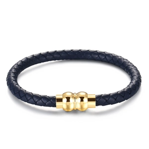 Men's minimalist braided navy blue leather bracelet with gold magnetic metal clasp