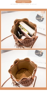 Sac seau en cuir marron montrant la capacité intérieure pour téléphone et accessoires