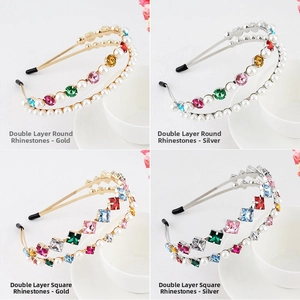 Detail of double-layer metal headbands with colorful rhinestones and imitation pearls