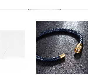Detail of blue braided leather bracelet with 316L stainless steel magnetic clasp