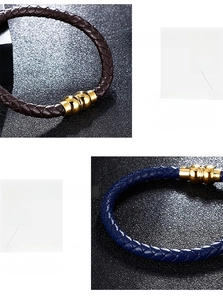 Close-up of woven leather texture and polished metal magnetic clasps on punk bracelets