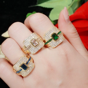 Luxurious gold plated wide rings with emerald, sapphire and clear zircon micro-pave
