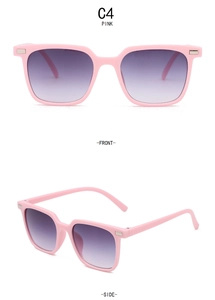 Front and side view of pink square children's sunglasses with purple gradient lenses