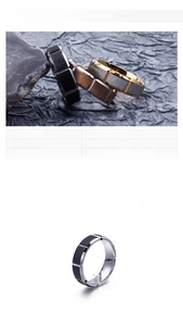 Close-up of 6mm brushed stainless steel rings in black, rose gold, and two-tone finishes