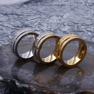 Three-piece titanium steel love rings with brushed finish and inlaid crystals