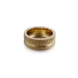 Gold stainless steel ring with LOVE ONLY YOU engraving and single diamond inlay