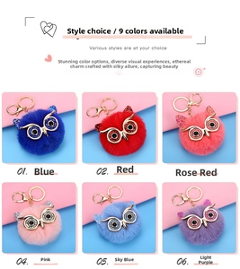 Detail view of multi-color owl faux fur pom pom keychains with sparkling glitter eyes