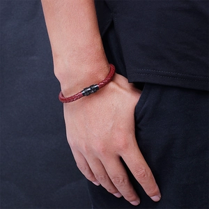 Deep red woven microfiber leather bracelet with black magnetic buckle for men