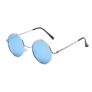 Retro polarized round sunglasses with silver metal frame and light blue lenses for men and women
