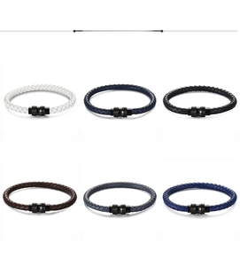 Detailed grid of woven microfiber leather bracelets in six colors with black magnetic clasps