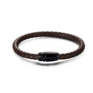 Deep brown braided leather bracelet featuring a glossy black magnetic metal clasp