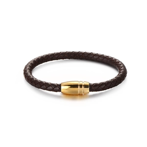 Bracciale da uomo in pelle intrecciata marrone con chiusura magnetica in acciaio dorato